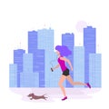Vector illustration of a young girl and a dog running down a city street, sportswoman running